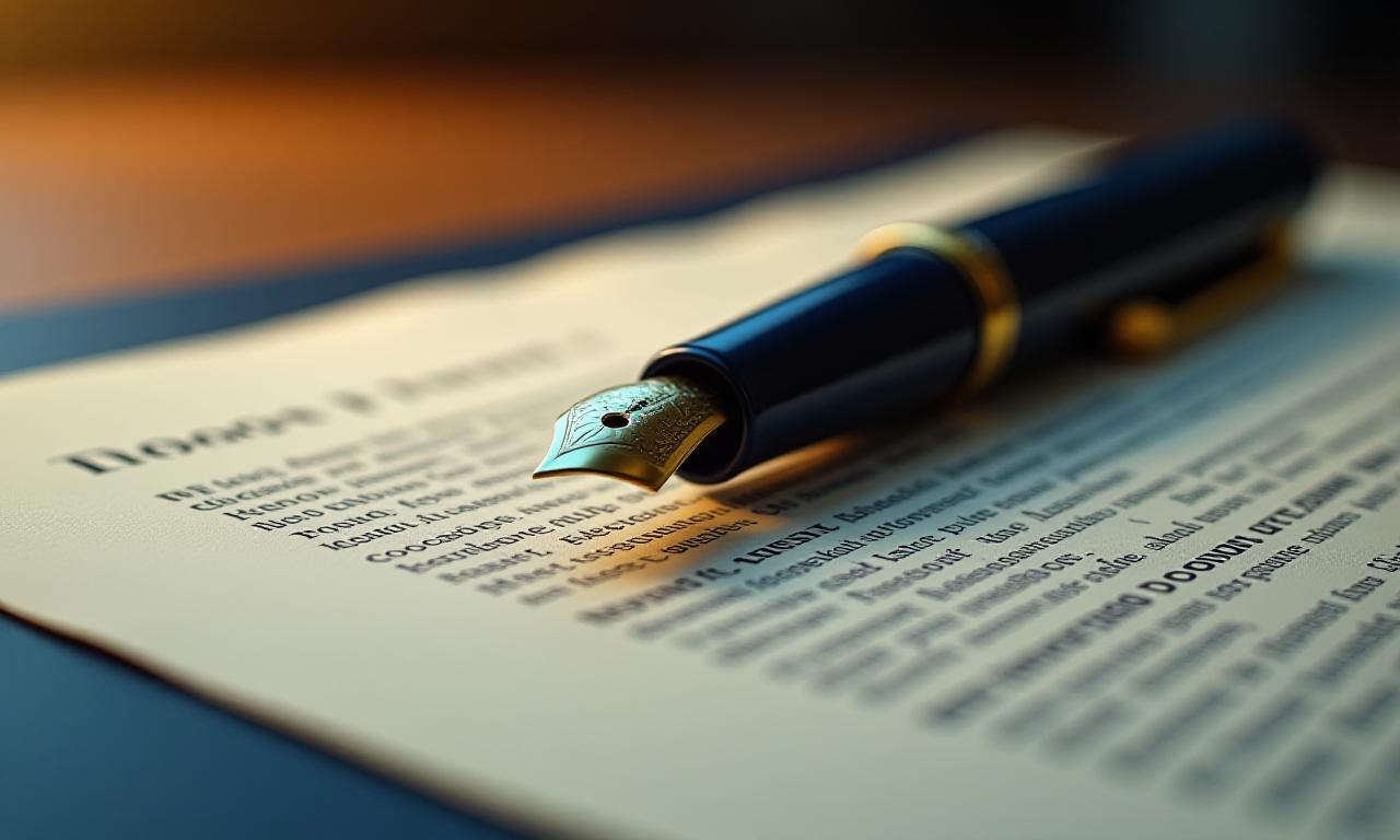 Close up of a fountain pen on a legal document with professional lighting