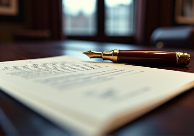 Close up of a high-end legal office desk with professional documents and a fountain pen
